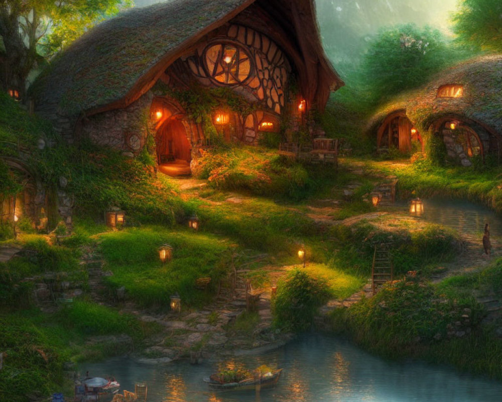 Fantasy cottage with round doors by serene pond at dusk