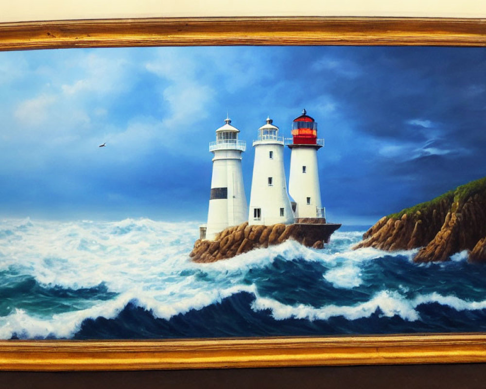 Lighthouse painting on rocky cliff with crashing waves and flying bird