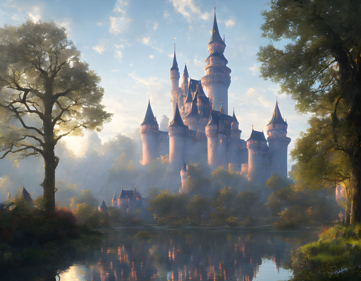 Majestic castle with spires, lush trees, and tranquil river at dawn