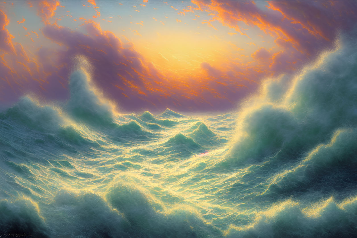 Vibrant sunset over turbulent sea with orange clouds and reflecting light