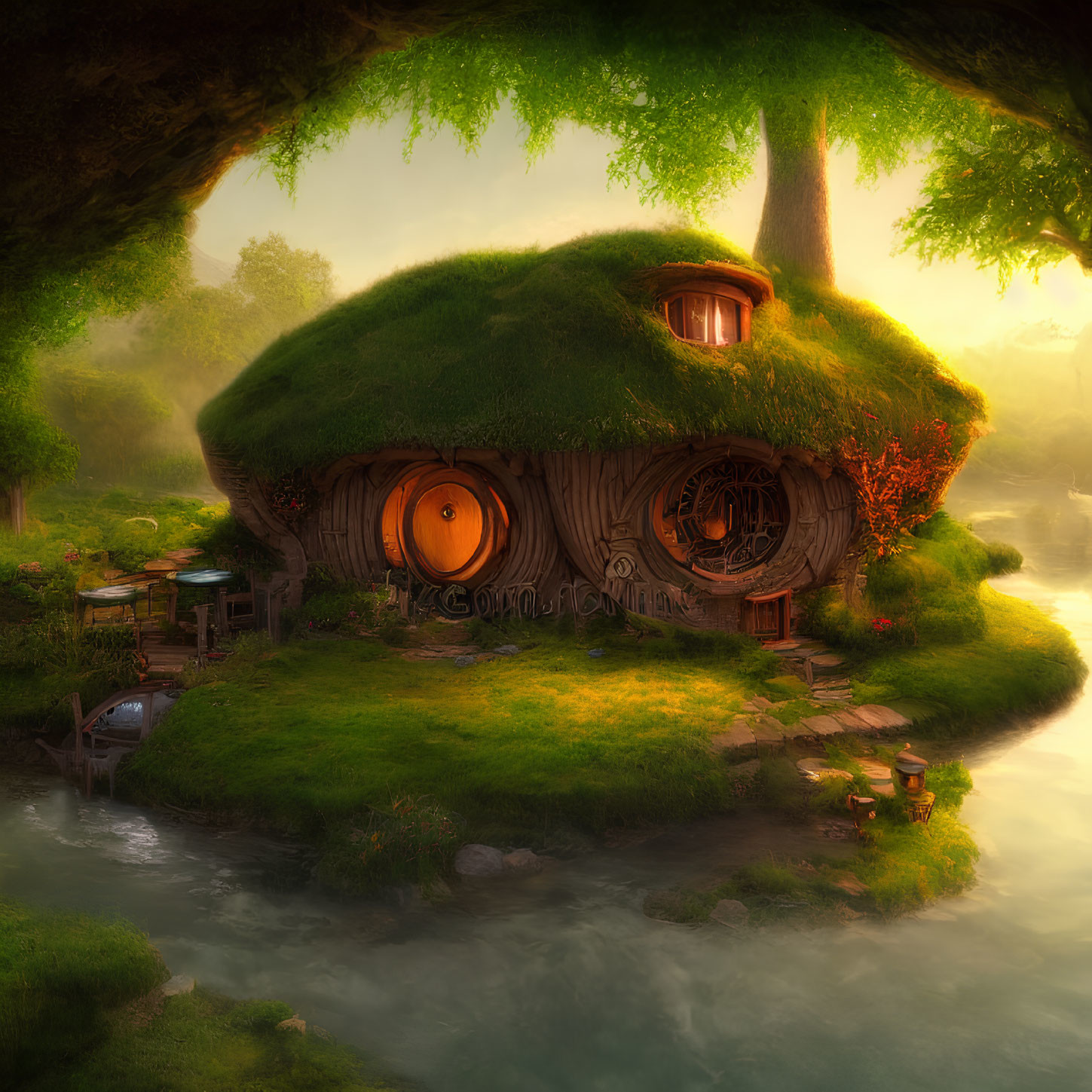 Fantasy hobbit-style house with green roof and round doors in woodland by stream at sunrise