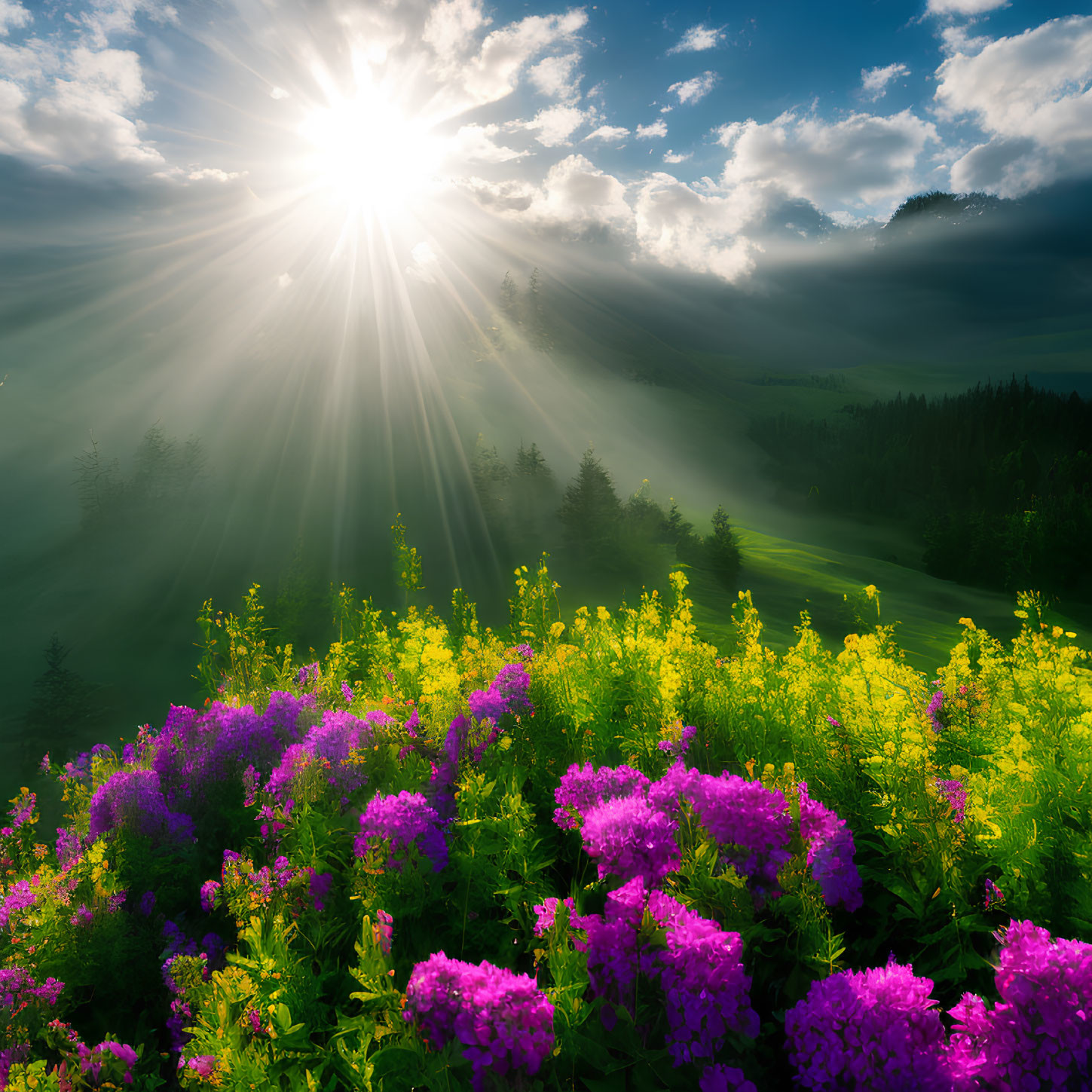 Sunbeams on vibrant wildflowers in lush meadow with forested hills