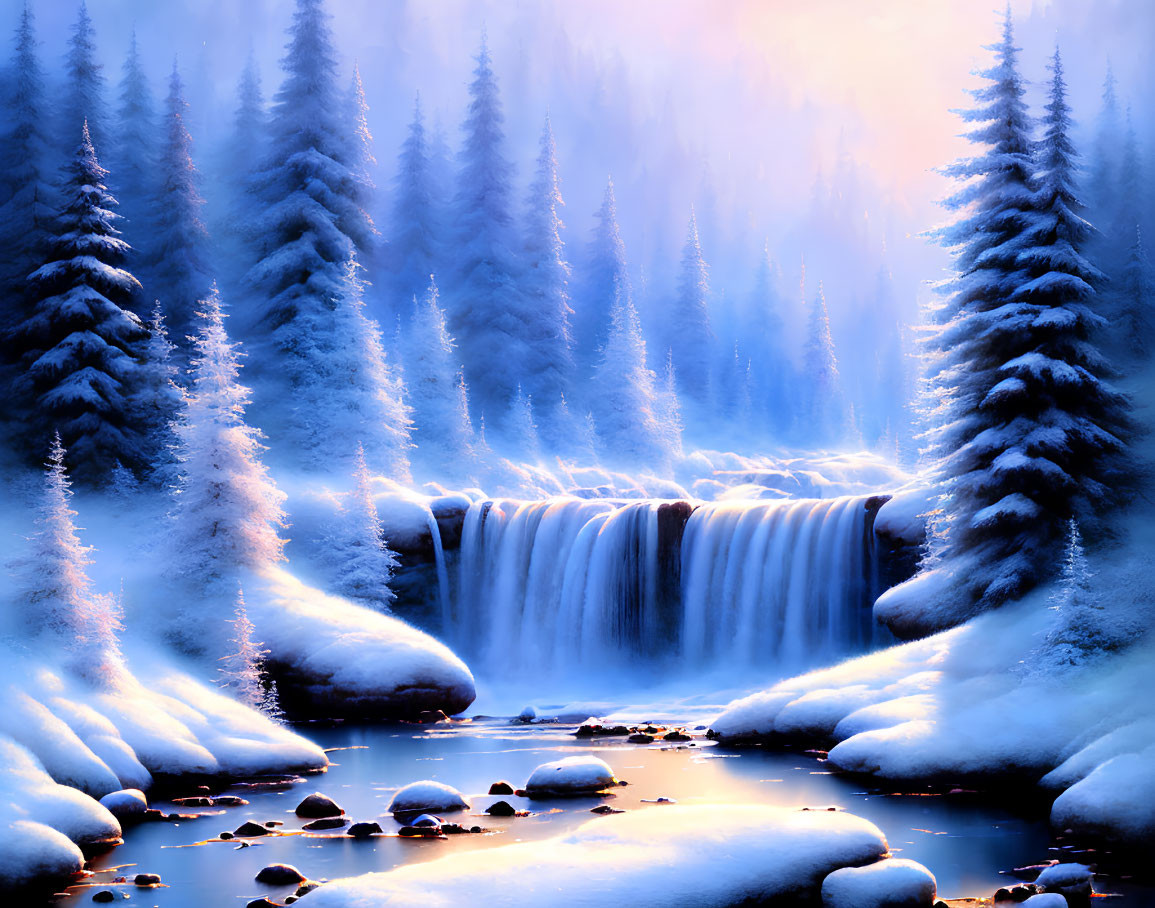 Snow-covered waterfall in serene winter landscape