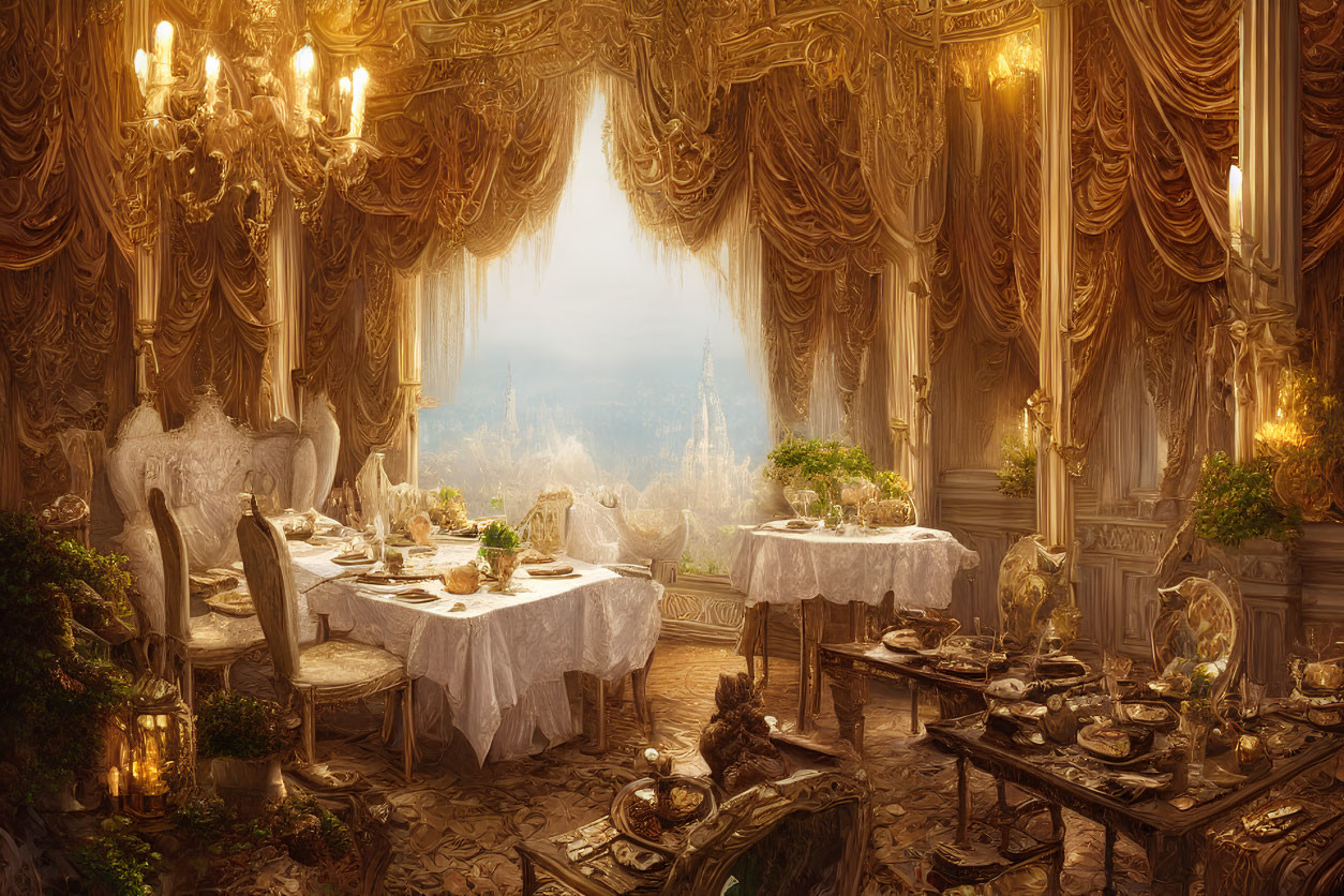 Luxurious dining room with golden drapes, chandeliers, lavish feast, and misty outdoor