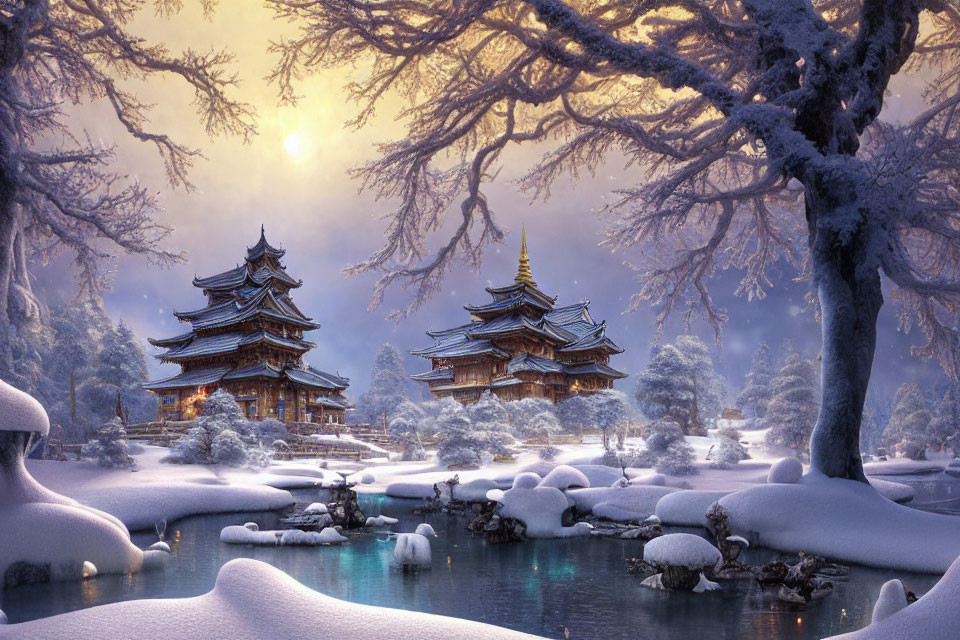 Traditional Japanese pagodas in snowy landscape with frozen pond