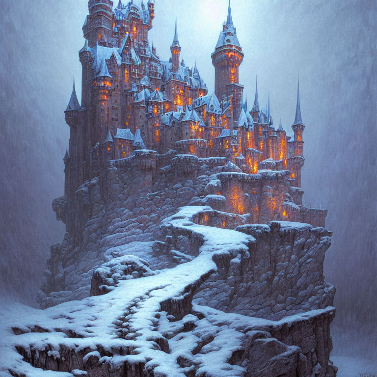 Snowy Cliff Castle Illuminated by Warm Lights