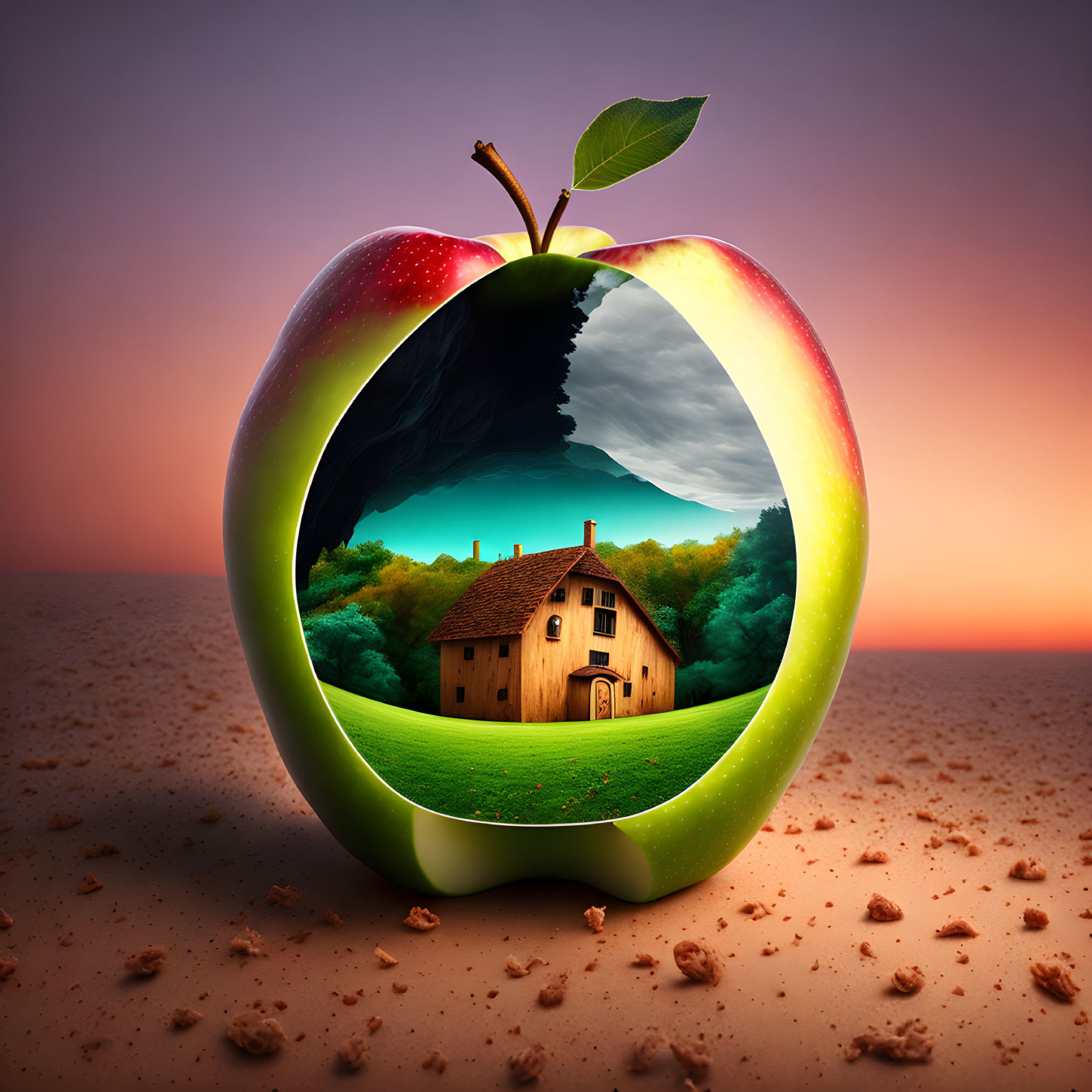 Apple with cutout revealing landscape with house, trees, and hills under twilight sky.