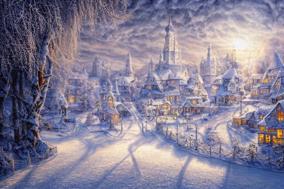 Snow-covered village at winter sunset with houses, church steeple, and bare trees