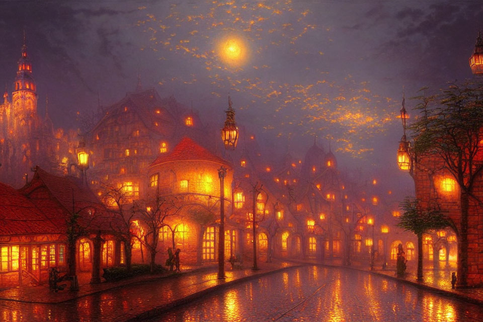 Old-town cobblestone street at night with lit lamps, buildings, couple walking, moon, clouds