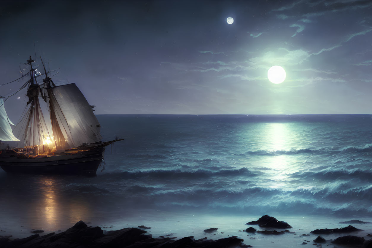 Sailing ship anchored under moonlit night sky on calm sea