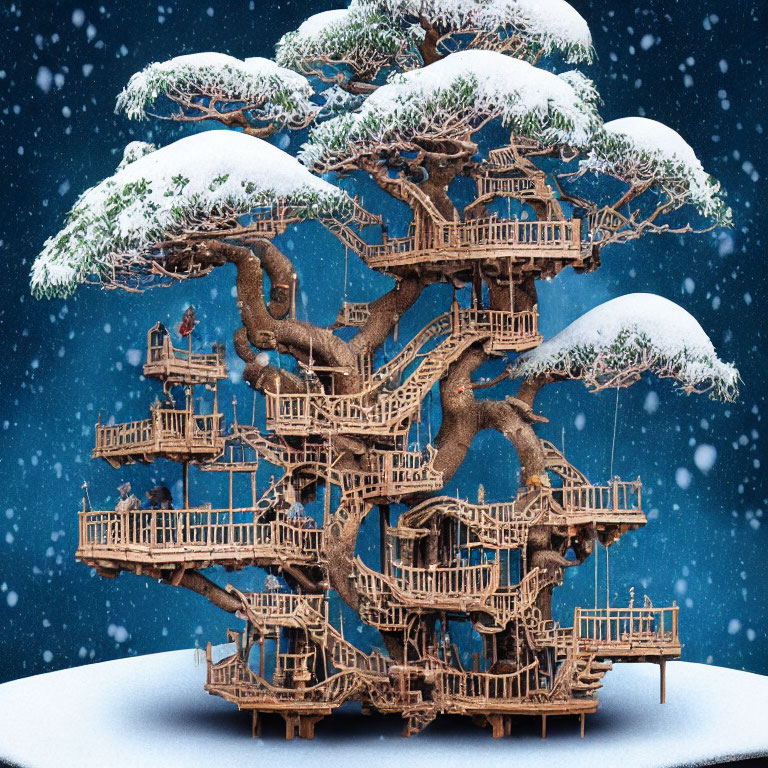 Detailed Wooden Treehouse in Snowy Landscape