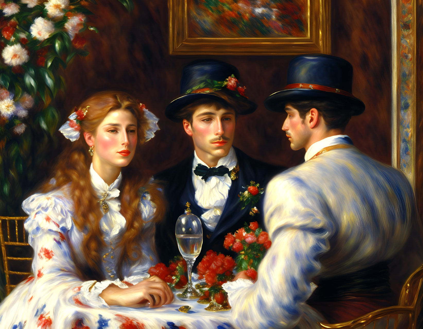 Classic Painting of Two Men in Top Hats and Woman in White Dress at Table