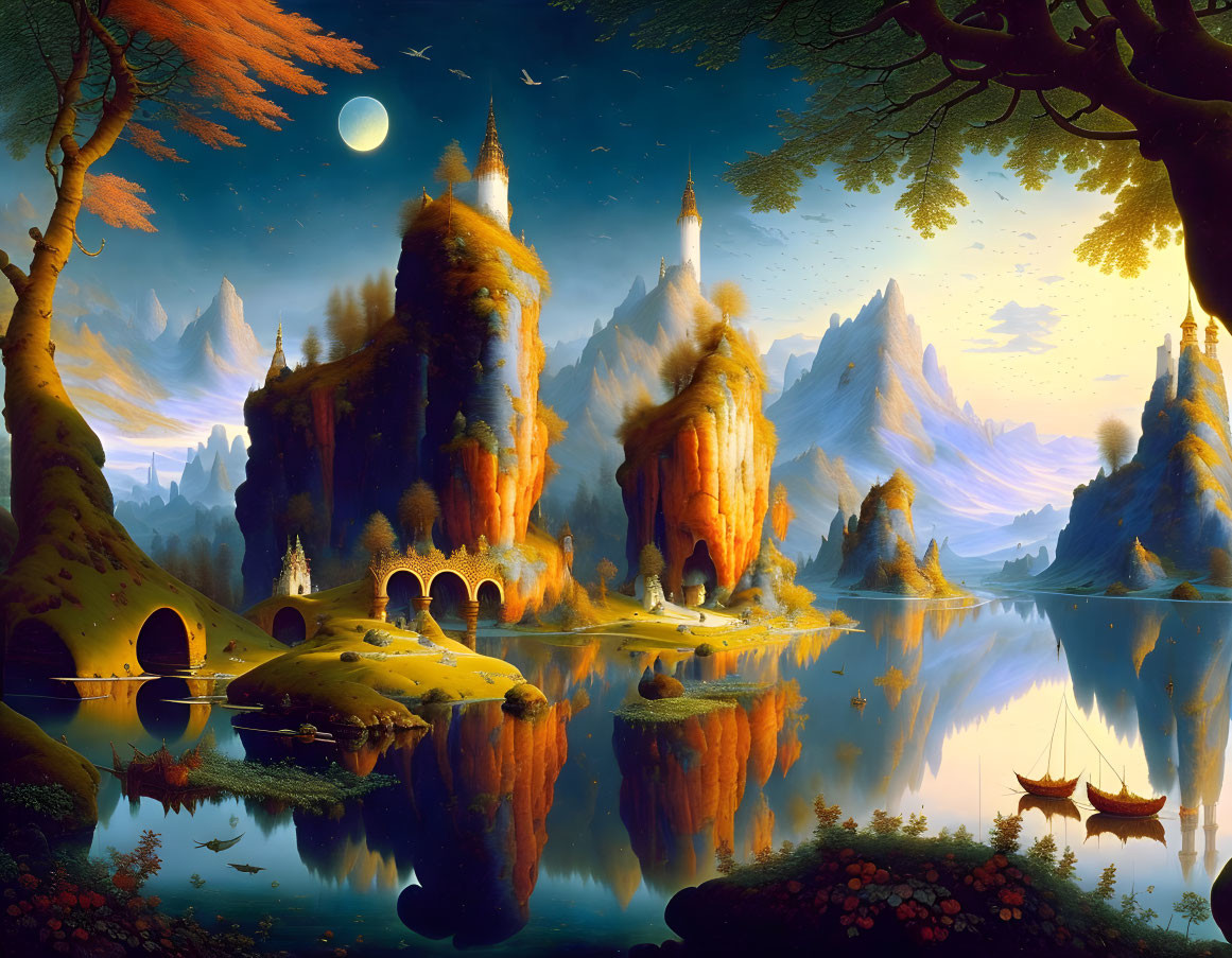 Fantastical landscape with towering castles, lake reflection, moonlit sky, boats, and colorful