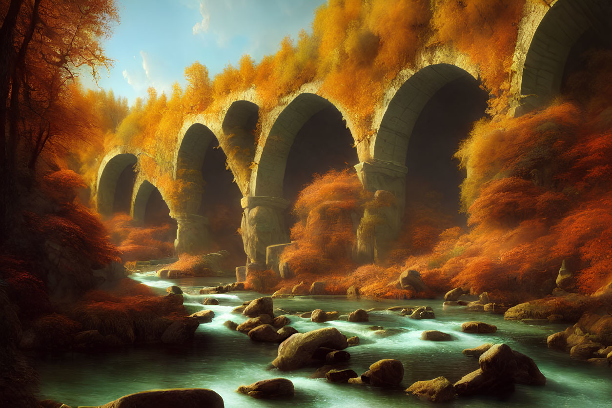 Ancient stone bridge with multiple arches over serene river and autumn trees