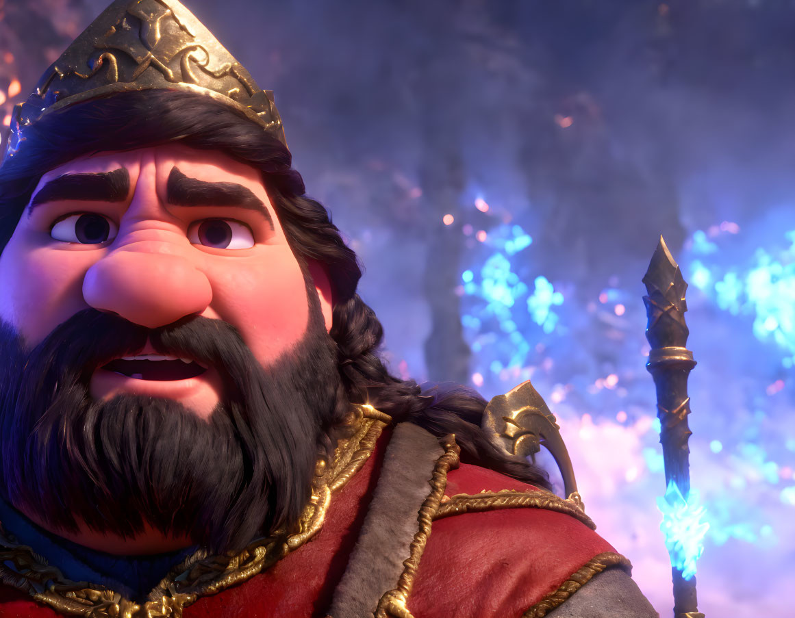 3D animated king character with beard, crown, and glowing spear in magical backdrop