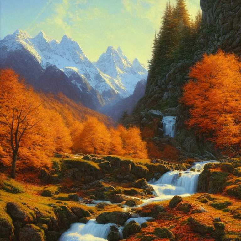 Scenic autumn landscape with golden trees, waterfall, and snowy mountains