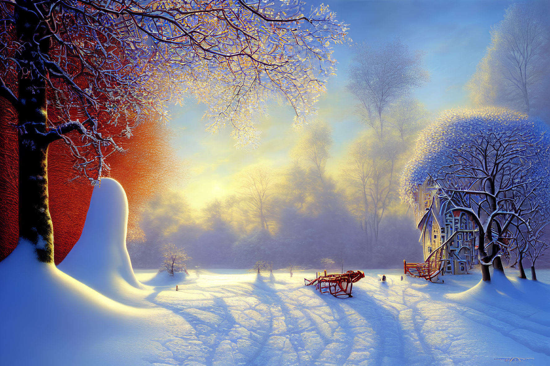 Snowy Winter Scene with Cottage, Trees, and Sleigh Ride