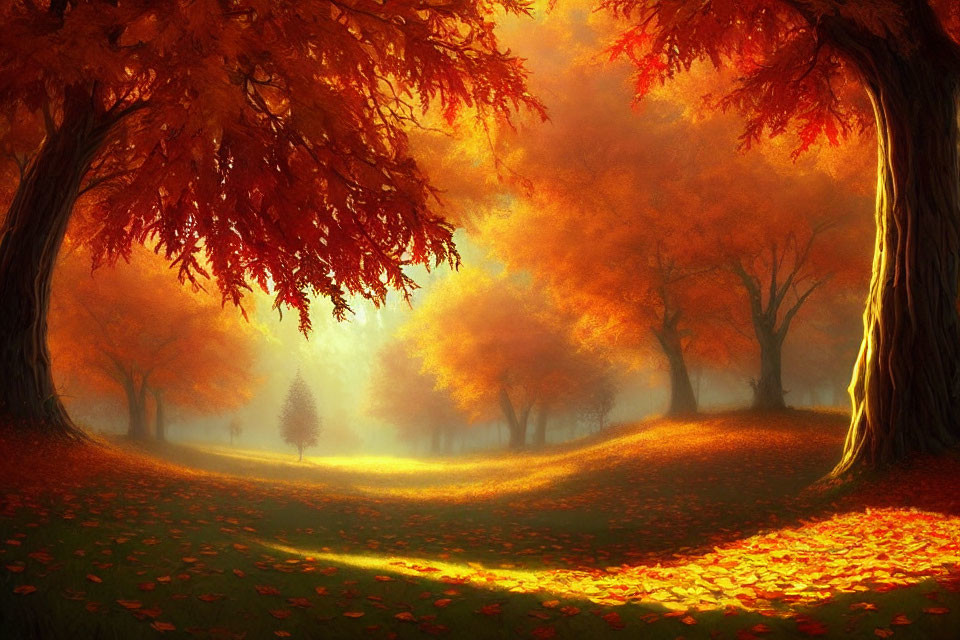 Golden-orange Autumn Forest Scene with Sunlight Filtering Through Trees