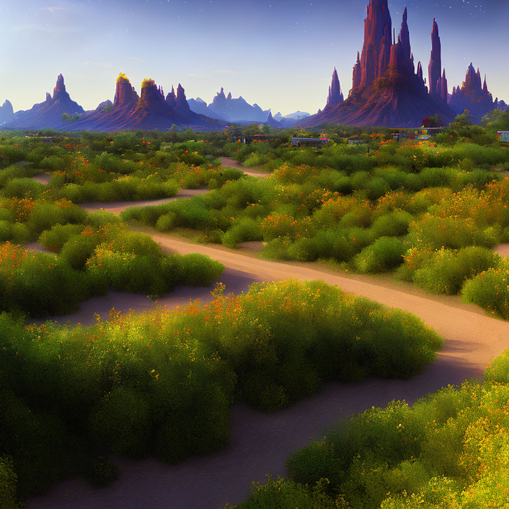 Desert landscape with green shrubs and orange flowers amid sandy paths and rocky formations