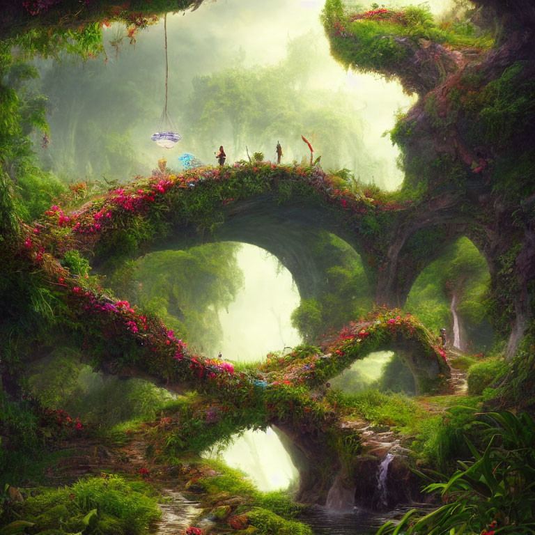 Enchanting forest scene with mossy arches, vibrant flowers, and a flowing stream