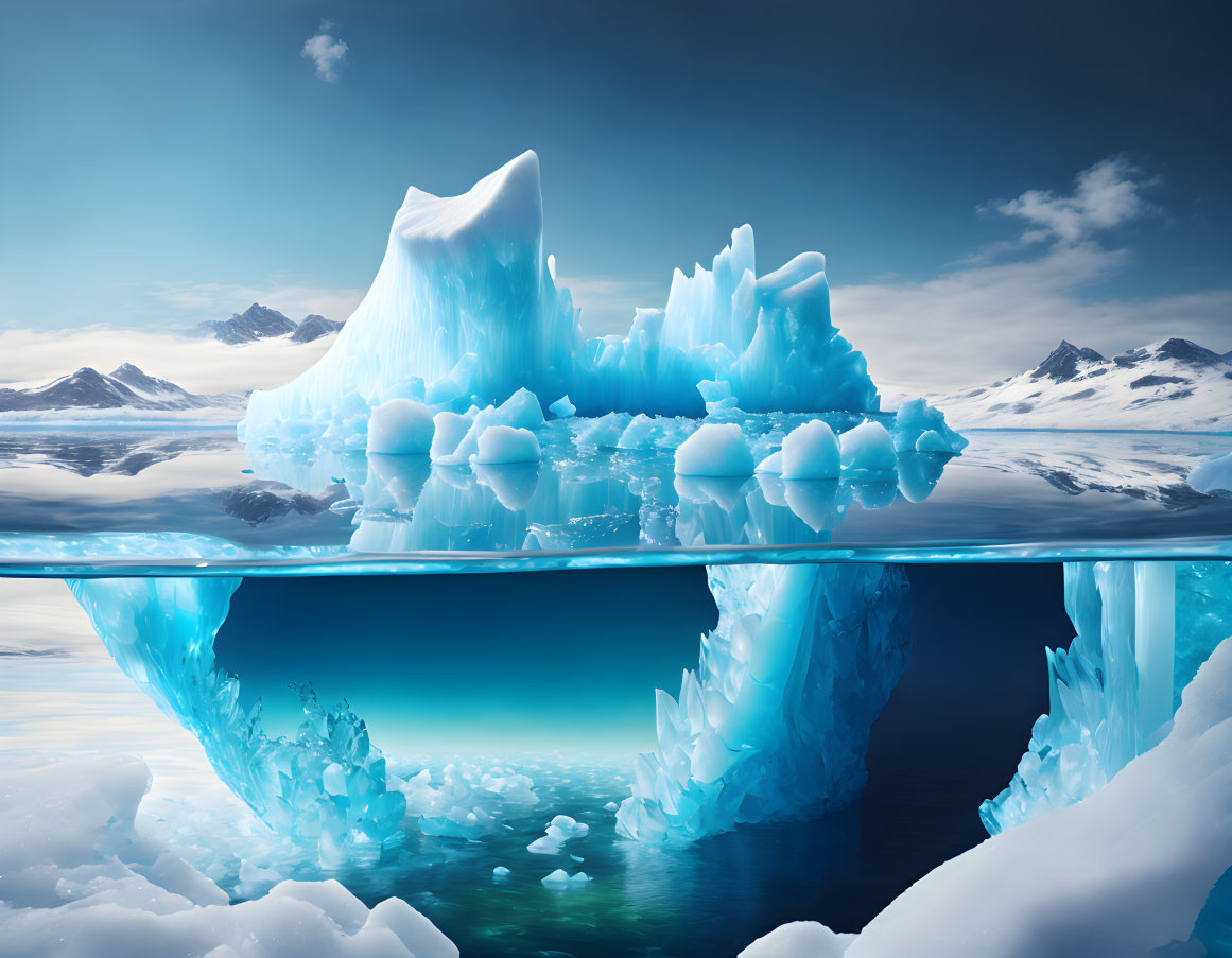 Large iceberg above and below water in polar region with snow-capped mountains