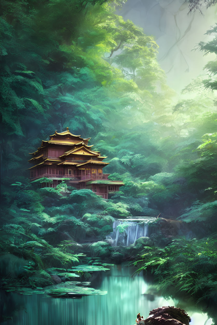 Traditional Asian house on waterfall in lush forest with ethereal light