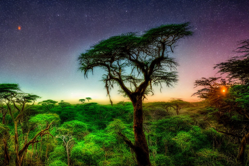 Starry night sky over dense acacia woodland with warm glowing light