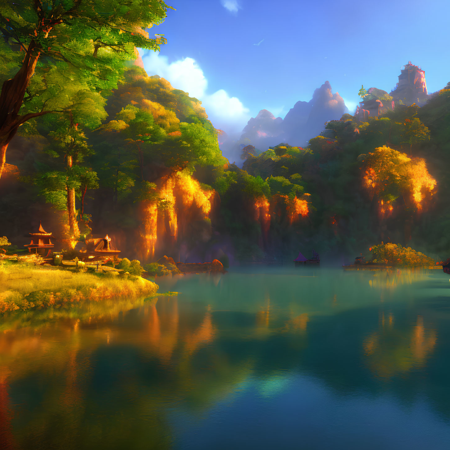 Tranquil Lakeside Scene with Waterfalls, Forest, and Traditional Structures