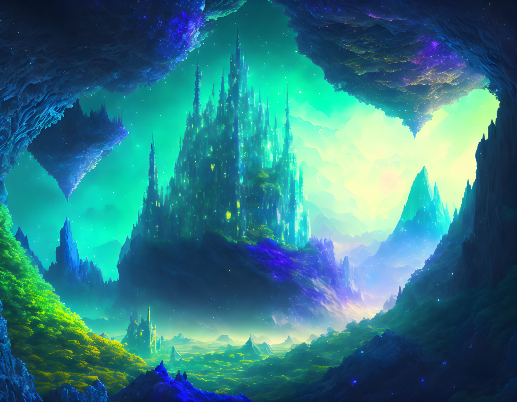 Fantasy landscape with crystal castle, floating islands, and luminous flora