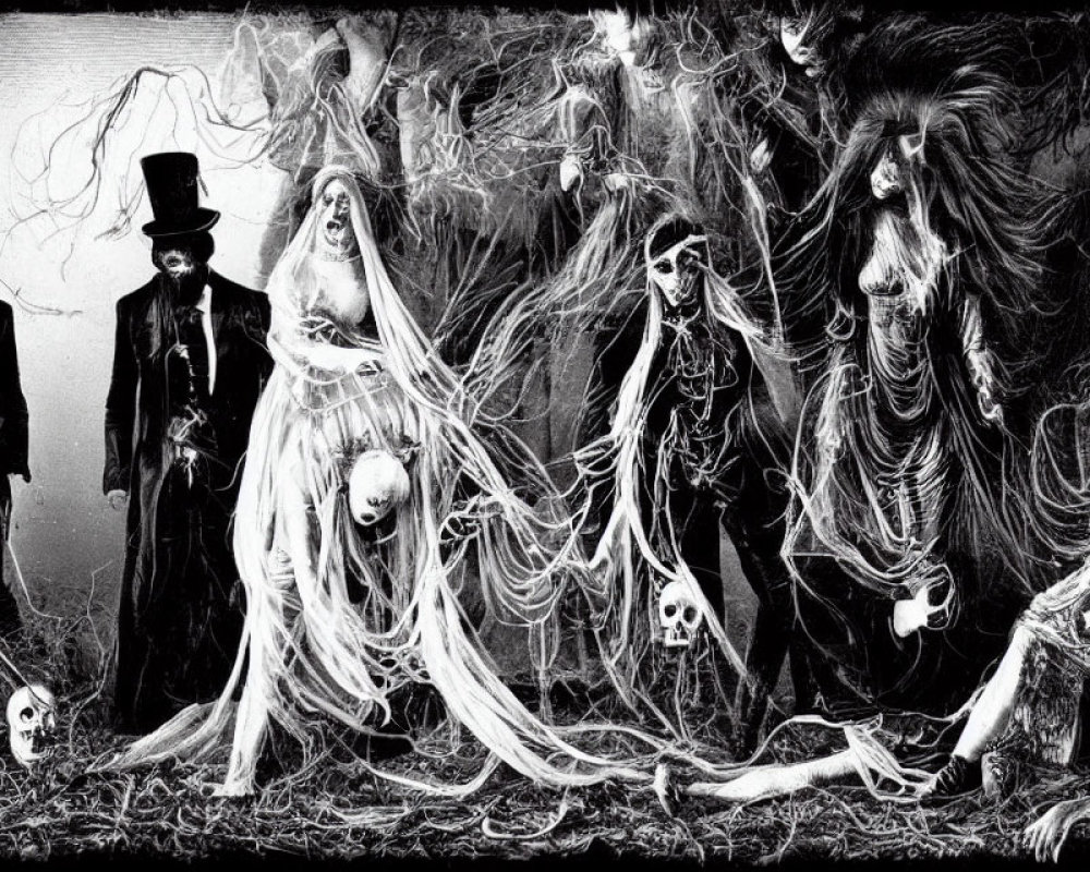 Monochromatic Gothic-style art with eerie figures and skulls