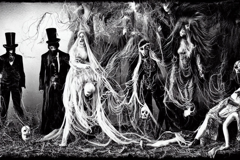 Monochromatic Gothic-style art with eerie figures and skulls