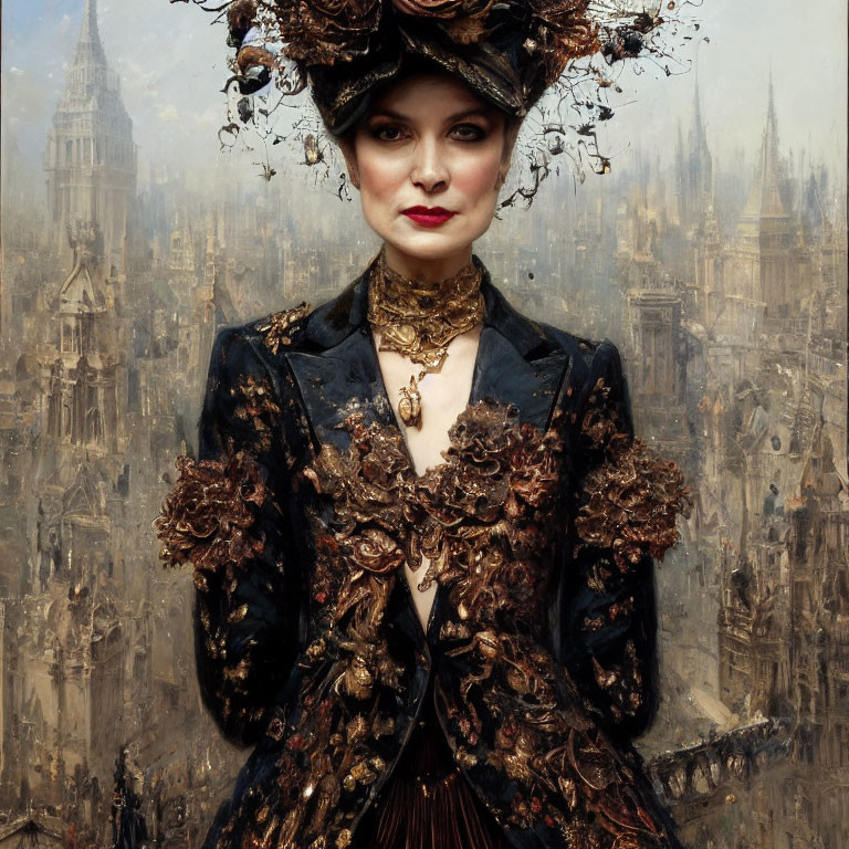 Victorian woman in ornate attire against Gothic cityscape