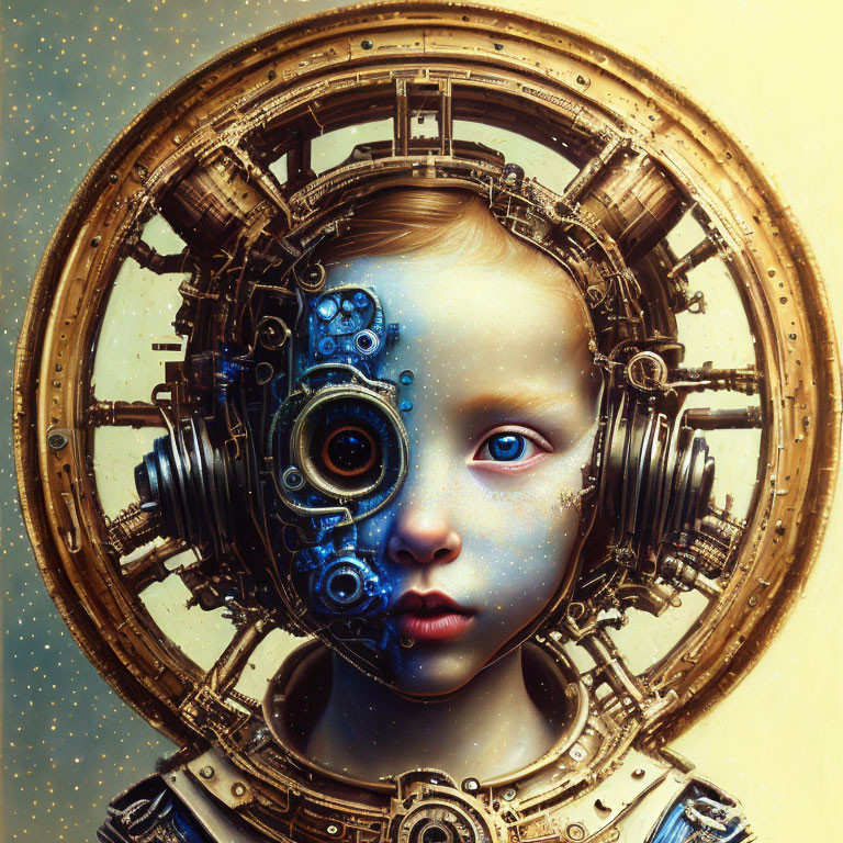 Child with Steampunk Cyborg Design and Gear Structure