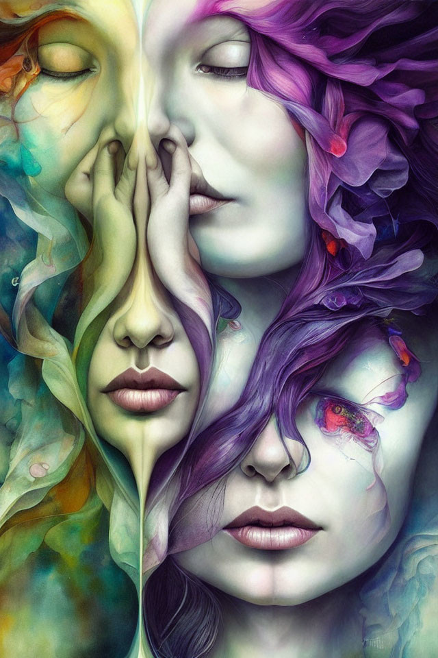 Colorful Artwork: Intertwined Faces with Vibrant, Wavy Hair