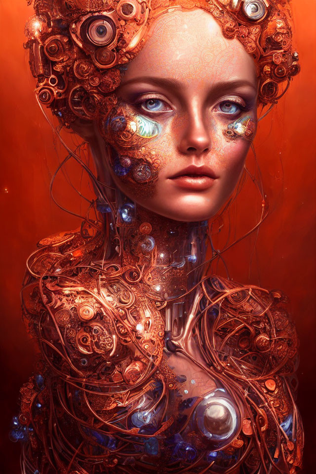 Digital artwork featuring woman with metallic floral designs and gears on red backdrop