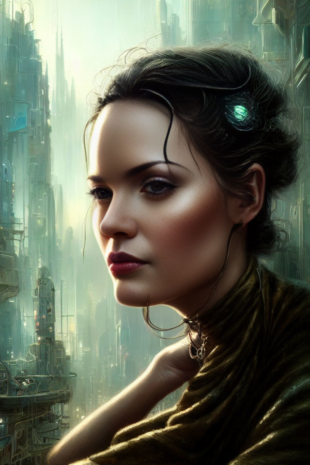 Futuristic cityscape digital painting of woman with ornate earpiece