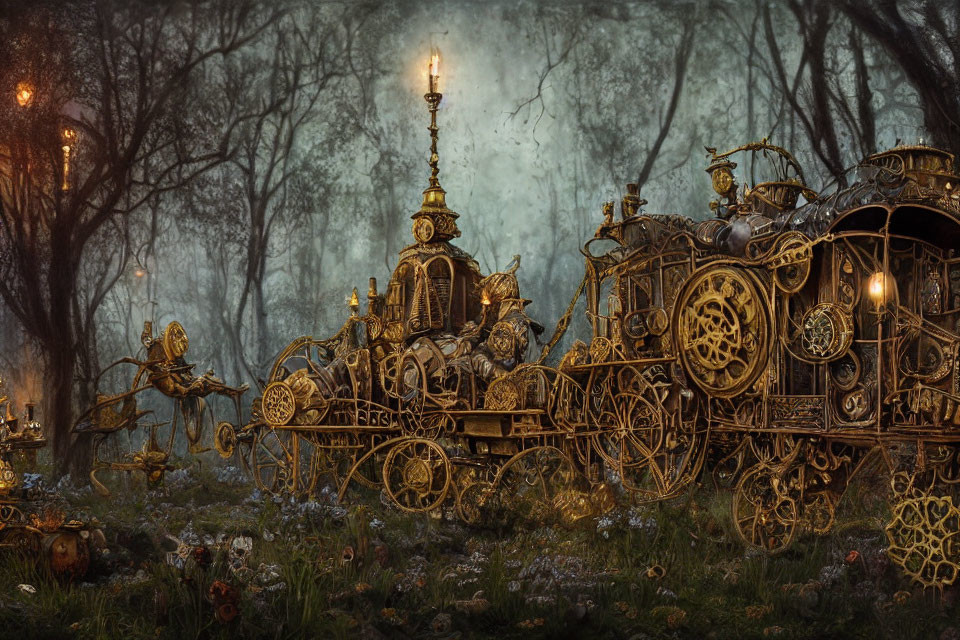 Intricate steampunk carriage with mechanical owls in mystical forest