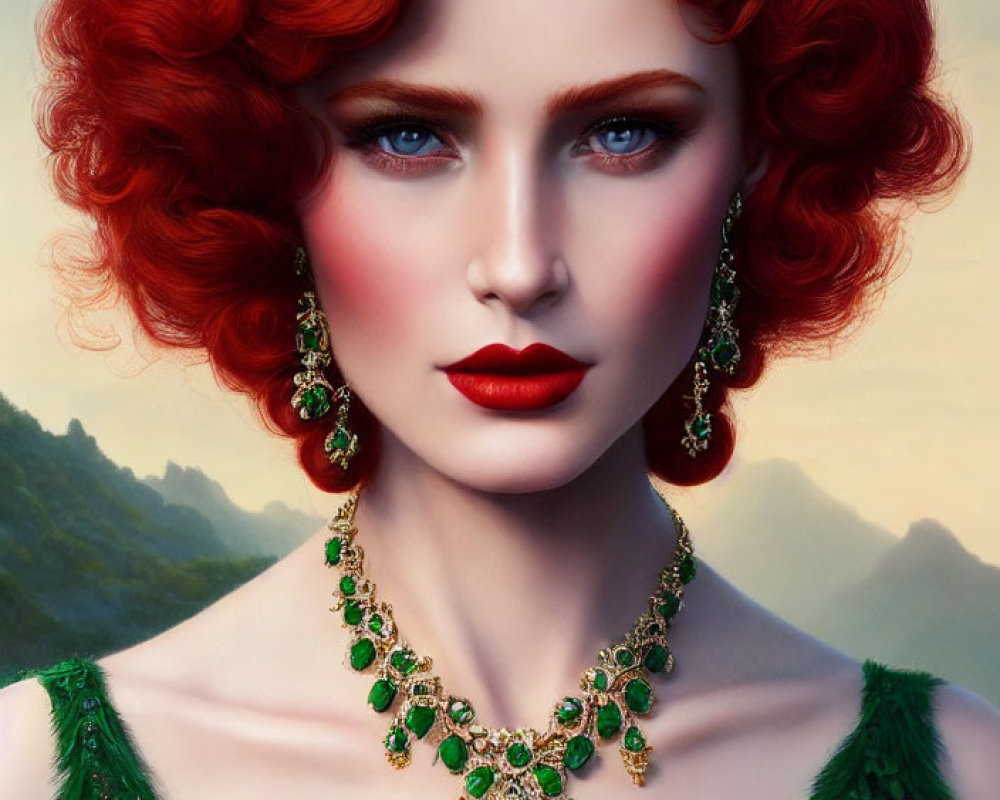 Stylized portrait of woman with red hair, blue eyes, red lipstick, green and gold jewelry