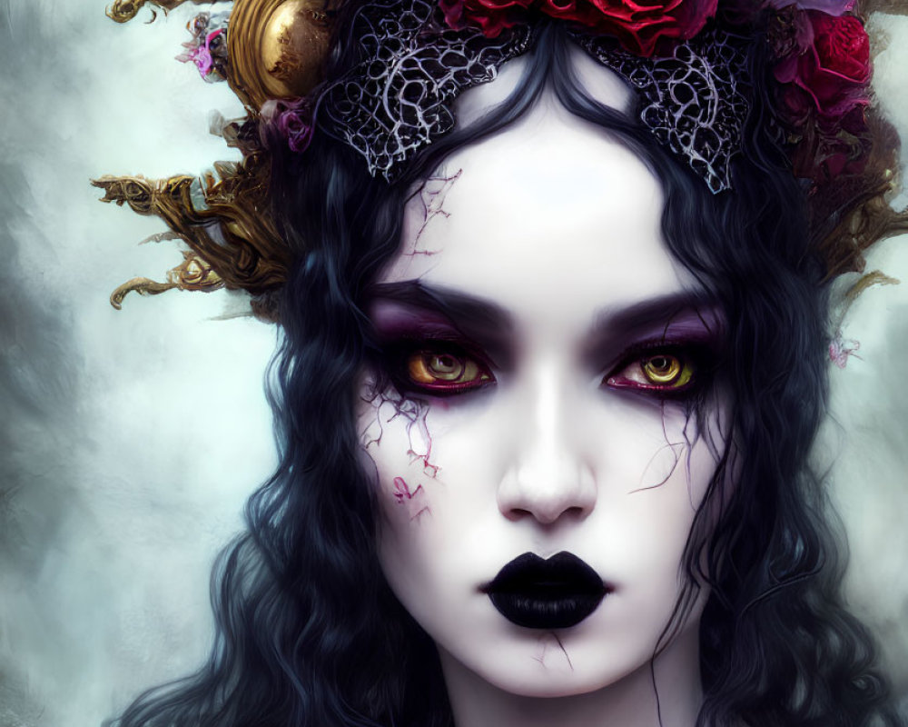 Gothic-themed portrait with pale skin, dark hair, floral headpiece, purple eyes, black