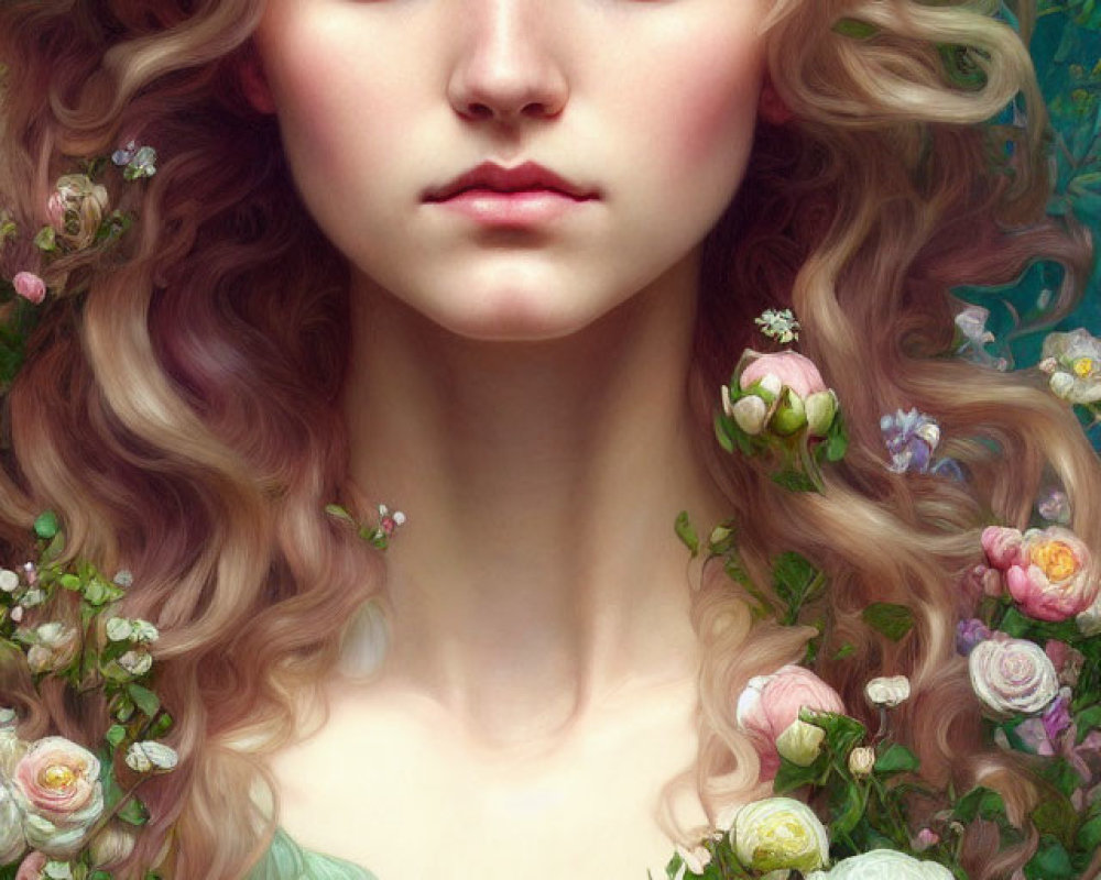 Portrait of Woman with Long Wavy Blonde Hair Surrounded by Lush Flowers