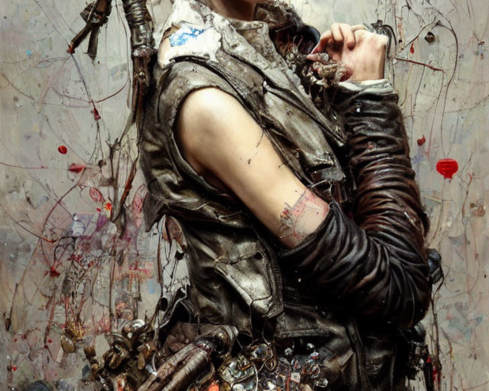 Woman in leather jacket and red beret among chaotic backdrop with mechanical parts and abstract elements