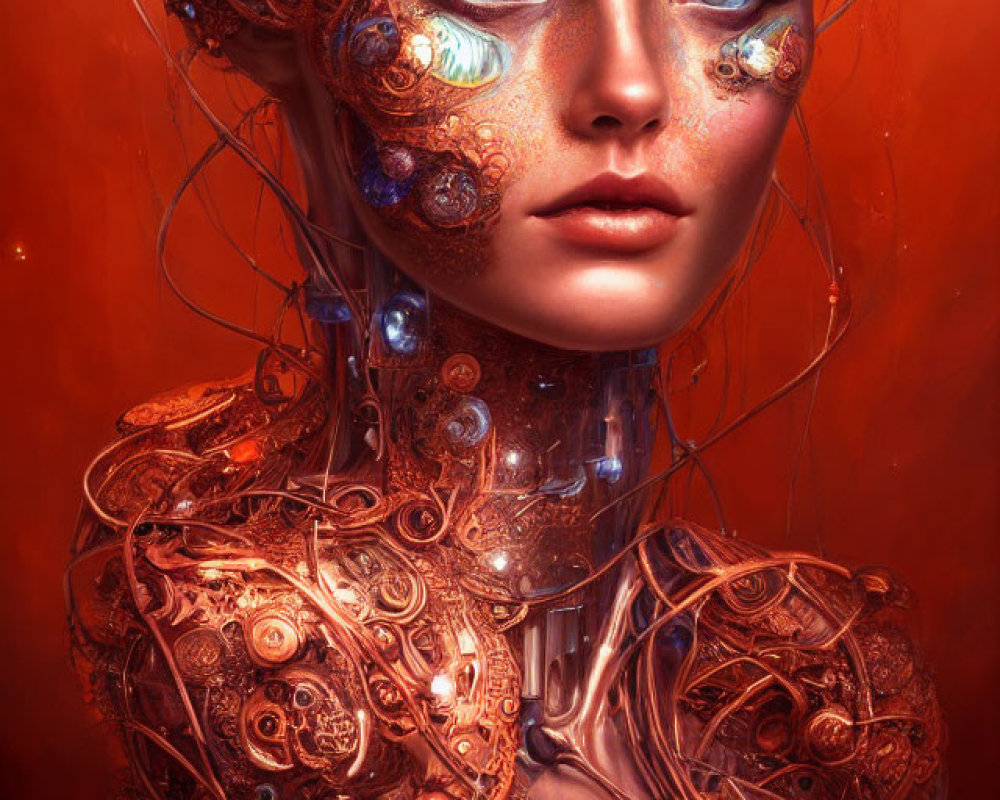 Digital artwork featuring woman with metallic floral designs and gears on red backdrop