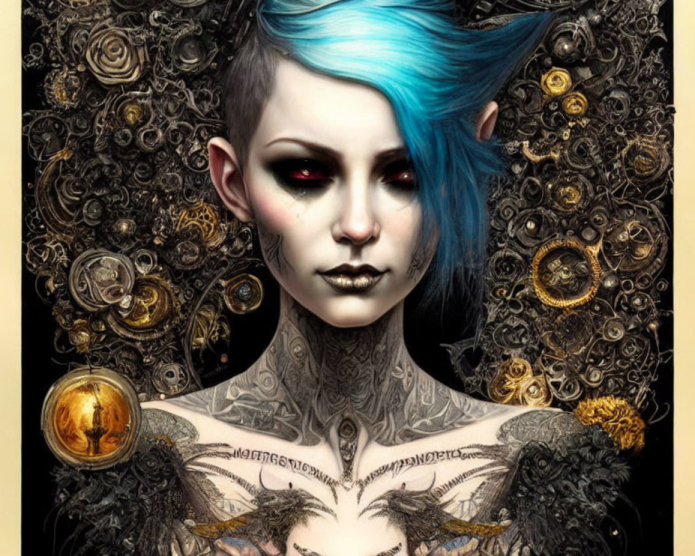 Illustrated person with blue hair and tattoos in a steampunk gothic fantasy setting.