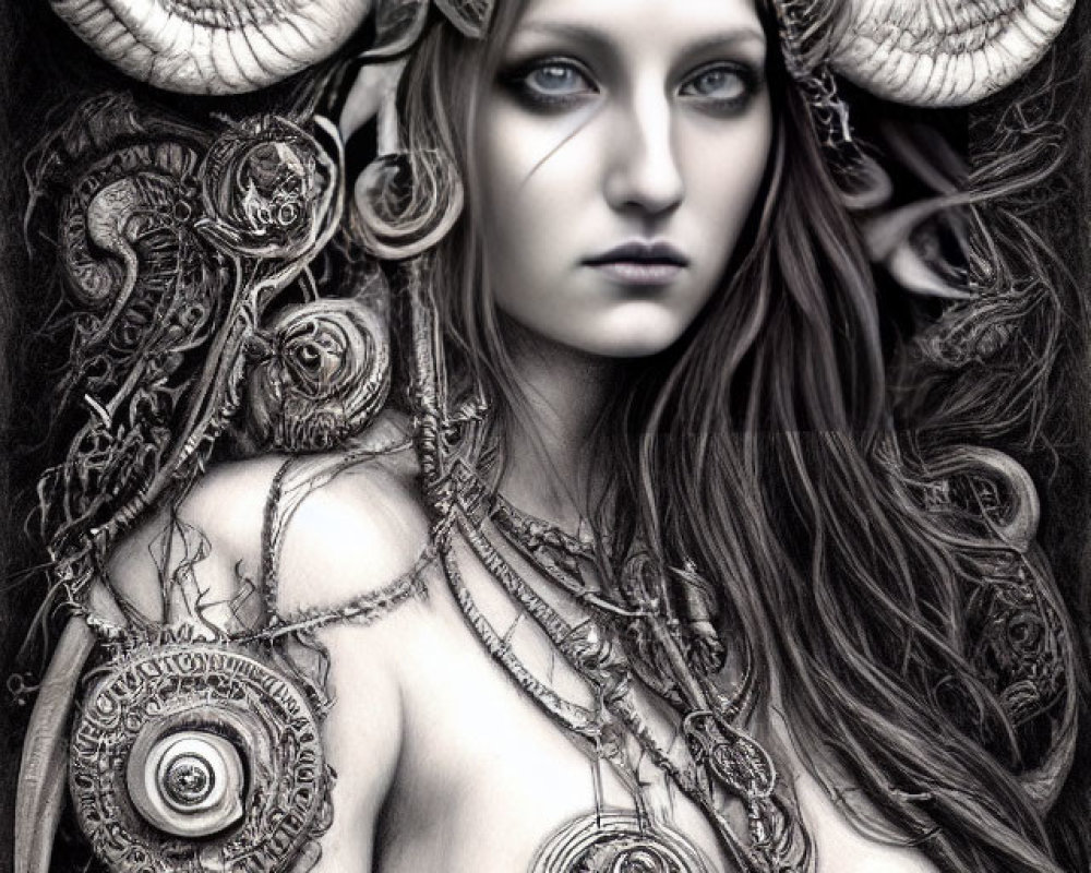 Monochrome fantasy art of woman with ram horns and intricate jewelry