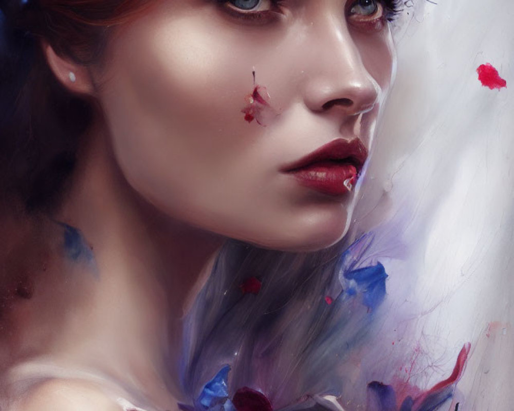 Digital painting of woman with blue eyes, red lips, surrounded by blue and red flowers