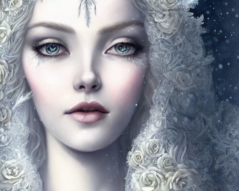 Illustration of pale-skinned woman with white hair and roses in ethereal snowy setting