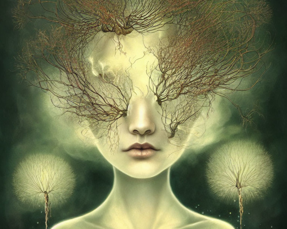 Surreal portrait with tree branches hair and dandelion seeds on green backdrop