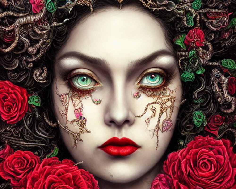 Digital art portrait of woman with ornate crown, red roses, green eyes, red lips, and