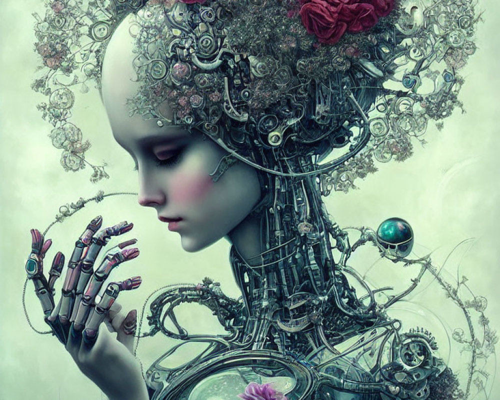 Surreal robotic woman with floral headpiece and floating orb in muted setting