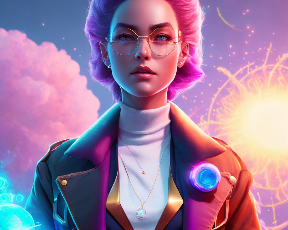 Digital portrait of woman with purple hair, glasses, necklace, and futuristic jacket against vibrant backdrop